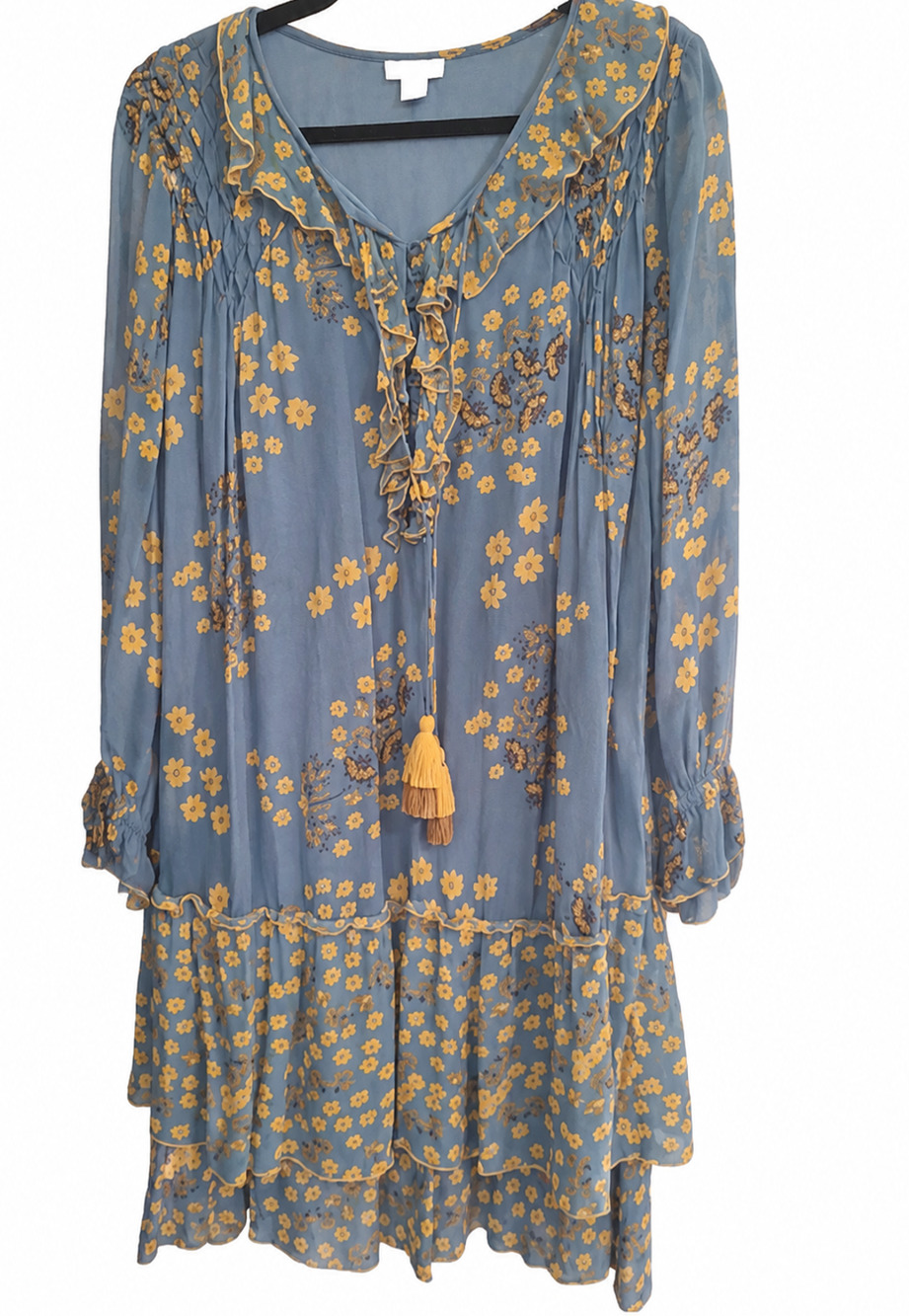 Sundance Floral Smocked Ruffle Dress M Blue Boho Western Prairie Beaded Tassel